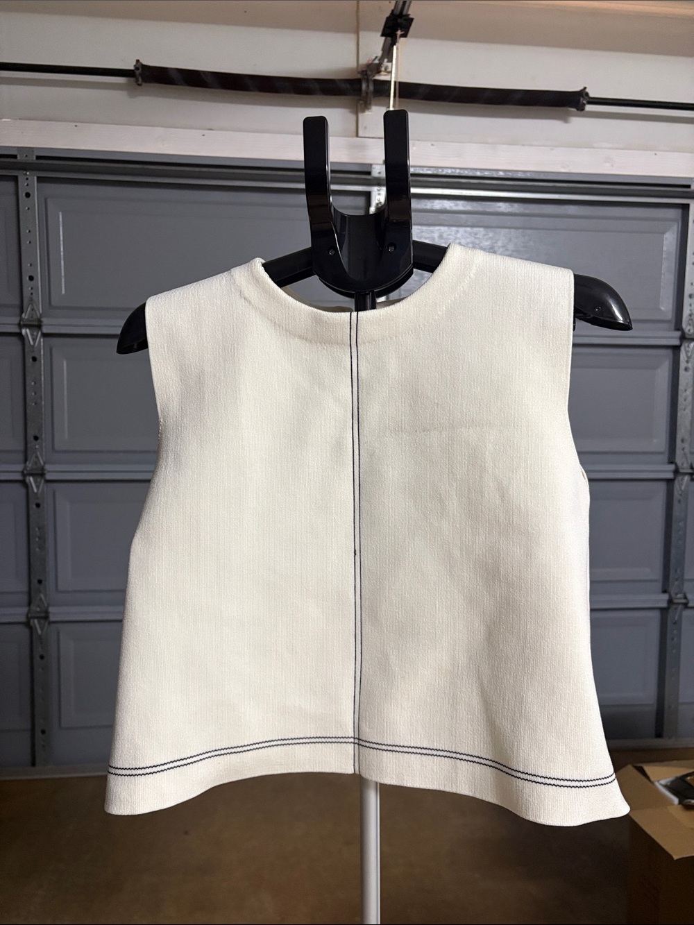 Zara Cream Sleeveless Textured Tank with Navy Contrast Stitching
